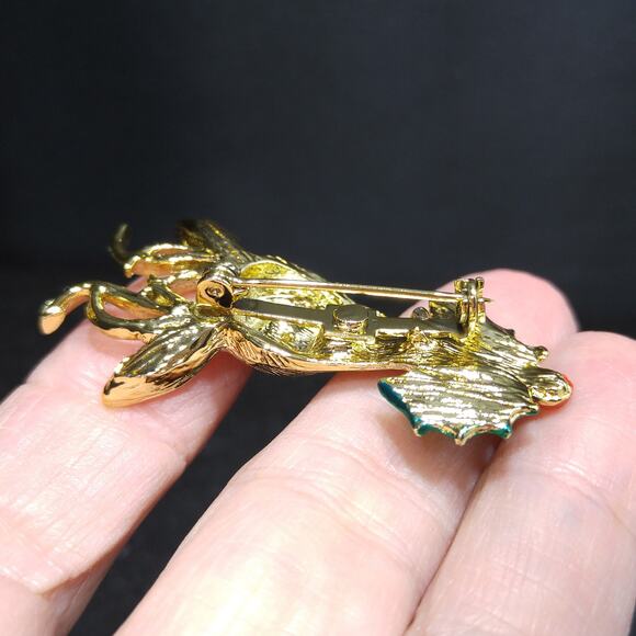 Vintage Rudolph Red Nose Reindeer Brooch, Enamel Holly, 1960s, 2 Inches - Picture 6 of 10